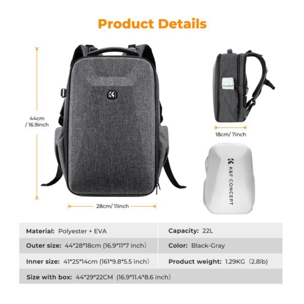K&F Concept Camera Backpack Hardshell DSLR Photography Camera Bag with 15-15.6 Inch Laptop Compartment Waterproof Camera Case Compatible for Canon/Nikon/Sony/DJI Mavic - Backpack 22L Nature Wander 10 (Dark Grey)