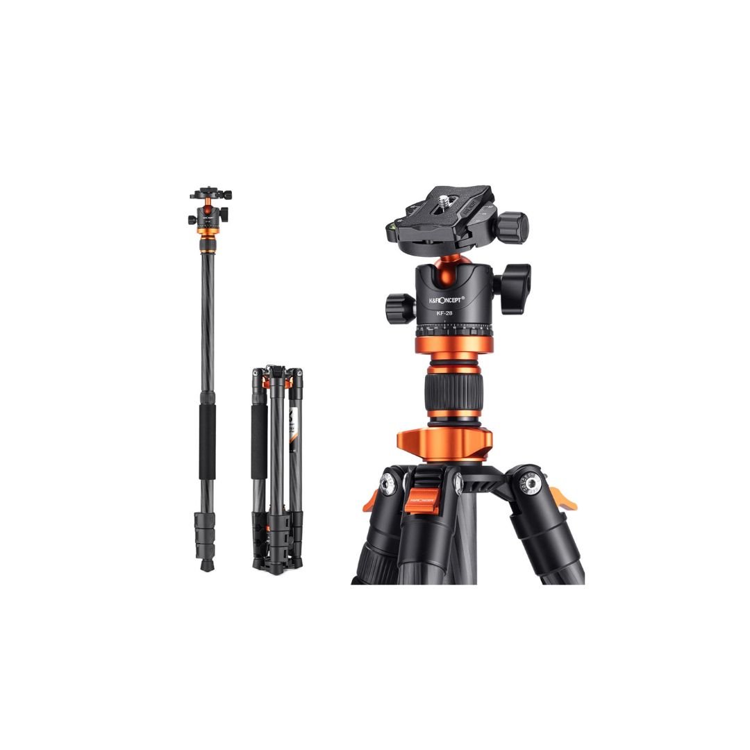62''/1.6m Portable Travel Tripod Carbon Fiber Tripod 22lbs Load with Detachable Monopod 360° Ball Head & Carry Bag for DSLR,D254C1+BH-28L