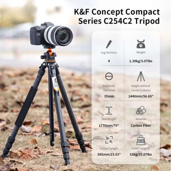 70”/1.7m Carbon Fiber Travel Tripod Max Height,lightweight tripod 15kg/33.07lbs Load for DSLR Cameras A254C4+BH-35L (old model SA254C2)