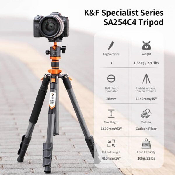 62''/1.6m Portable Travel Tripod Carbon Fiber Tripod 22lbs Load with Detachable Monopod 360° Ball Head & Carry Bag for DSLR,D254C1+BH-28L
