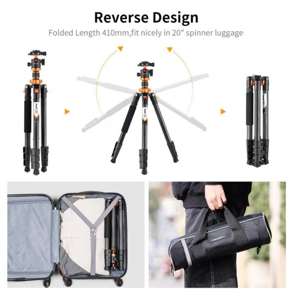 62''/1.6m Portable Travel Tripod Carbon Fiber Tripod 22lbs Load with Detachable Monopod 360° Ball Head & Carry Bag for DSLR,D254C1+BH-28L