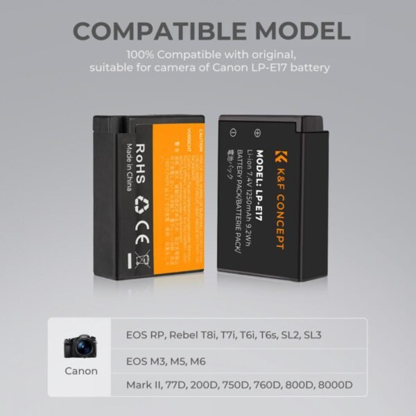 LP-E17 Replacement Battery 2 Pack and Charger for EOS RP, Rebel T8i, T7i, T6i, T6s, SL2, SL3, EOS M3, M5, M6 Mark II, 77D, 200D, 750D, 760D, 800D, 8000D (Micro USB Port,1250mAH)