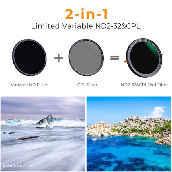 82mm ND2-32 (1-5 Stop) Variable ND Filter and CPL Circular Polarizing Filter 2 in 1 for Camera Lens No X Spot Weather Sealed Nano-Xcel