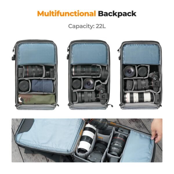 K&F Concept 22L Camera Case for Photographers Large Capacity Camera Bags with Raincover, 15.6 Inch Laptop Compartment for Camera Drone Bags - Backpack 22L Nature Wander 11 (Black)