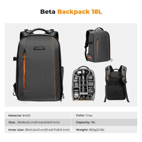 K&F Concept Camera Backpack for Photographers Large Waterproof Photography Camera Bag with Laptop/Tripod Compartment for Men Women - Backpack 18L Nature Wander 05 (Dark Grey)