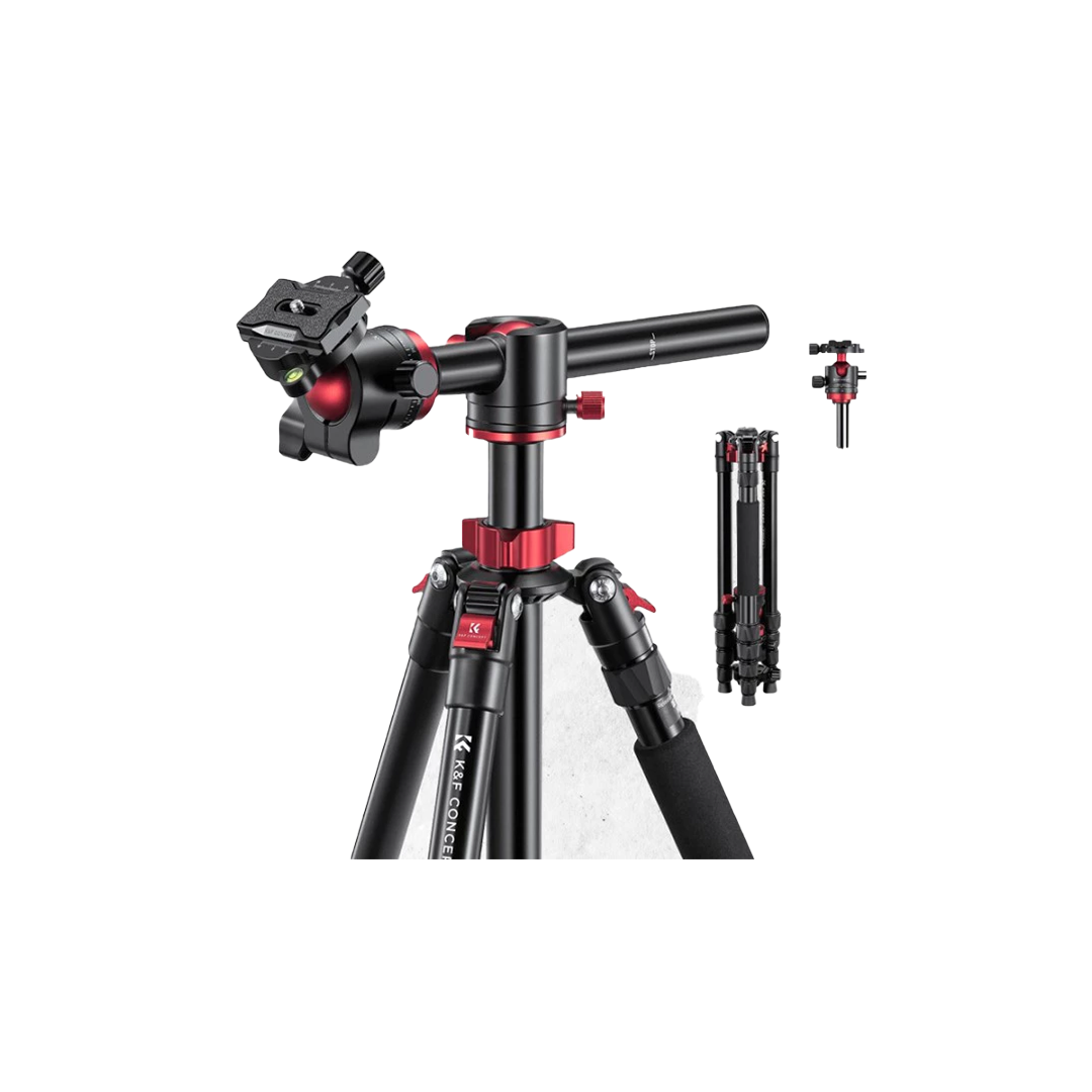 67”/1.7m Aluminum Video Camera Tripod Transverse Center Column 26lbs/12KG Load Capacity Portable Monopod with 32mm Ball Head Quick Release Plate, for Travel and Work T255A4+BH-32L(Red)