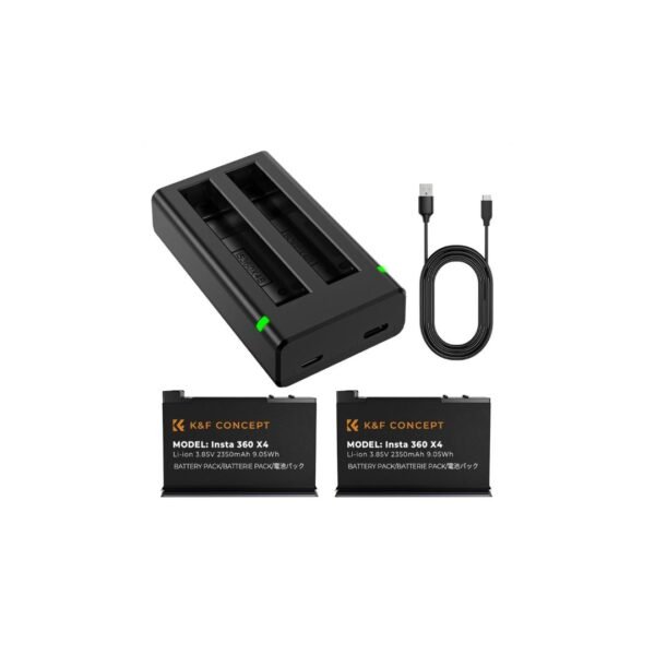 Distributor Lensa dan Aksesoris Fotografi Digital Pratama Retailindo K&F Concept Insta 360 X4 Battery and Charger, 2-Pack 2350mAh X4 Battery and Dual LED Fast Battery Charger for Insta 360 X4 Accessories