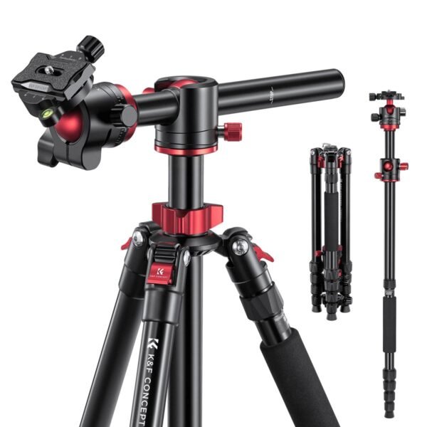 Distributor Lensa dan Aksesoris Fotografi Digital Pratama Retailindo 67”/1.7m Aluminum Video Camera Tripod Transverse Center Column 26lbs/12KG Load Capacity Portable Monopod with 32mm Ball Head Quick Release Plate, for Travel and Work T255A4+BH-32L(Red)