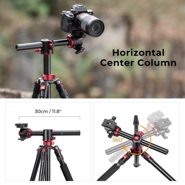 Distributor Lensa dan Aksesoris Fotografi Digital Pratama Retailindo 67”/1.7m Aluminum Video Camera Tripod Transverse Center Column 26lbs/12KG Load Capacity Portable Monopod with 32mm Ball Head Quick Release Plate, for Travel and Work T255A4+BH-32L(Red)