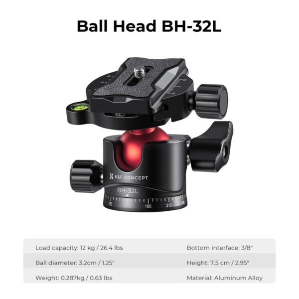 Distributor Lensa dan Aksesoris Fotografi Digital Pratama Retailindo 67”/1.7m Aluminum Video Camera Tripod Transverse Center Column 26lbs/12KG Load Capacity Portable Monopod with 32mm Ball Head Quick Release Plate, for Travel and Work T255A4+BH-32L(Red)