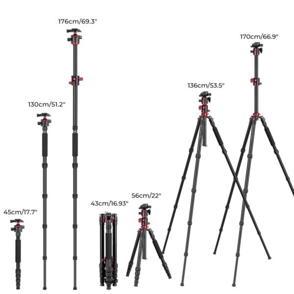Distributor Lensa dan Aksesoris Fotografi Digital Pratama Retailindo 67”/1.7m Aluminum Video Camera Tripod Transverse Center Column 26lbs/12KG Load Capacity Portable Monopod with 32mm Ball Head Quick Release Plate, for Travel and Work T255A4+BH-32L(Red)