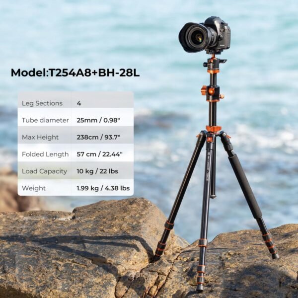 94"/2.4m Overhead Camera Tripod alumunium video Tripod Transverse Center Column 22lbs/10kg Load with Detachable Monopod for DSLR SLR, T254A8+BH-28L (SA254T1)