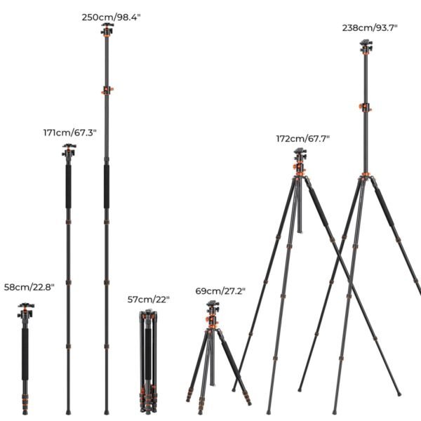 94"/2.4m Overhead Camera Tripod alumunium video Tripod Transverse Center Column 22lbs/10kg Load with Detachable Monopod for DSLR SLR, T254A8+BH-28L (SA254T1)