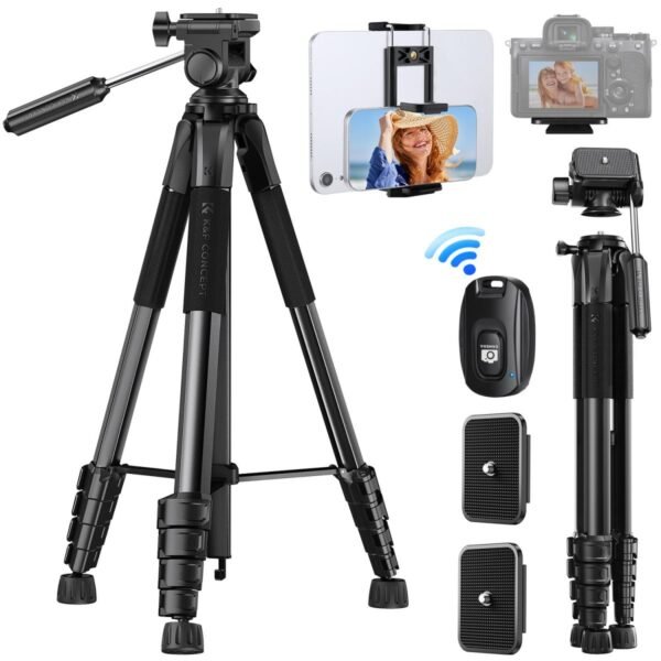 K&F Concept 75" Lightweight Tripod, Camera Compact Tripod with Remote and 2-in-1 Phone Holder,Travel Phone Tripod with Removable 3-Way Pan Head for Selfie/Video Recording/Photo/Live Stream/Vlog