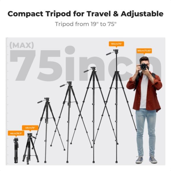 K&F Concept 75" Lightweight Tripod, Camera Compact Tripod with Remote and 2-in-1 Phone Holder,Travel Phone Tripod with Removable 3-Way Pan Head for Selfie/Video Recording/Photo/Live Stream/Vlog