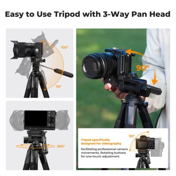 K&F Concept 75" Lightweight Tripod, Camera Compact Tripod with Remote and 2-in-1 Phone Holder,Travel Phone Tripod with Removable 3-Way Pan Head for Selfie/Video Recording/Photo/Live Stream/Vlog