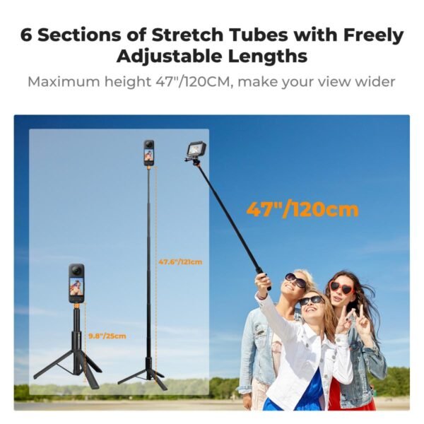K&F Concept Invisible Selfie Stick, Extension Long Pole（120cm/47.2in）for Insta360 Sports Camera GoPro DJI Action, 1/4" Extended Monopod with GoPro Adapter.