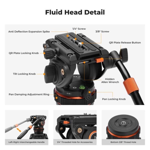 K&F Concept 17.6lbs/8KG Load Capacity Fluid Head Tripod Camera Tripod Maximum Height 75.2"/1.91m Video Tripod VA3+BV10