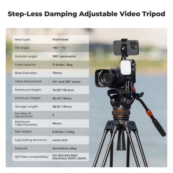 K&F Concept 17.6lbs/8KG Load Capacity Fluid Head Tripod Camera Tripod Maximum Height 75.2"/1.91m Video Tripod VA3+BV10