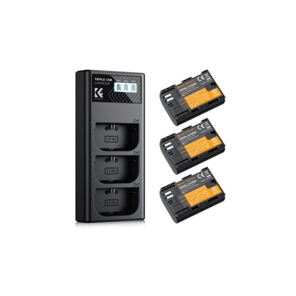 LP-E6/LP-E6NH Battery and 3-Slot Charger, 3-Pack Replacement Battery for Canon EOS R5, R6, EOS R, 5D Mark IV, 5D Mark III, 5DS, 5DS R, 5D Mark II, 6D, 6D Mark II, 7D, 7D Mark II, 2250mAh