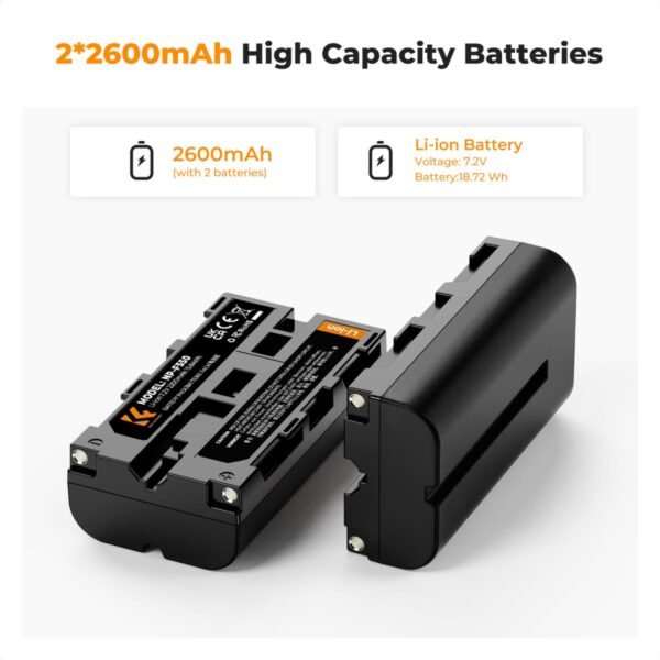 K&F Concept 2 Pack NP-F550 Battery and Charger Set Compatible with Sony NP-F550, F570, F750, F770, F930, F950, F960, F970 Batteries, LED Lights, Monitors, and Camera Sliders