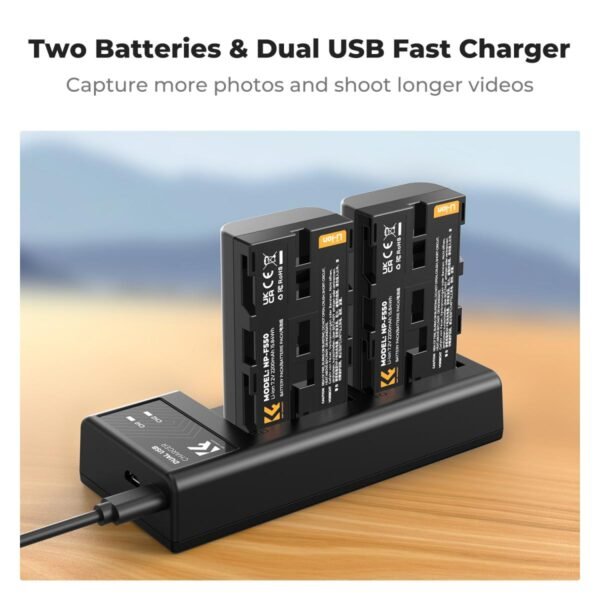 K&F Concept 2 Pack NP-F550 Battery and Charger Set Compatible with Sony NP-F550, F570, F750, F770, F930, F950, F960, F970 Batteries, LED Lights, Monitors, and Camera Sliders