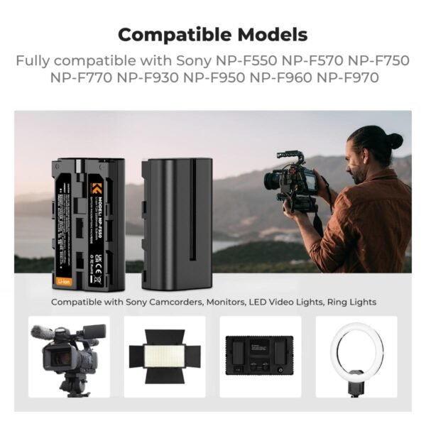 K&F Concept 2 Pack NP-F550 Battery and Charger Set Compatible with Sony NP-F550, F570, F750, F770, F930, F950, F960, F970 Batteries, LED Lights, Monitors, and Camera Sliders