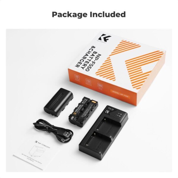 K&F Concept 2 Pack NP-F550 Battery and Charger Set Compatible with Sony NP-F550, F570, F750, F770, F930, F950, F960, F970 Batteries, LED Lights, Monitors, and Camera Sliders