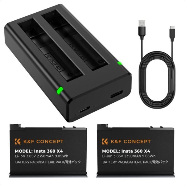 Distributor Lensa dan Aksesoris Fotografi Digital Pratama Retailindo K&F Concept Insta 360 X4 Battery and Charger, 2-Pack 2350mAh X4 Battery and Dual LED Fast Battery Charger for Insta 360 X4 Accessories