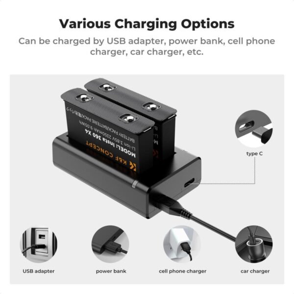 Distributor Lensa dan Aksesoris Fotografi Digital Pratama Retailindo K&F Concept Insta 360 X4 Battery and Charger, 2-Pack 2350mAh X4 Battery and Dual LED Fast Battery Charger for Insta 360 X4 Accessories