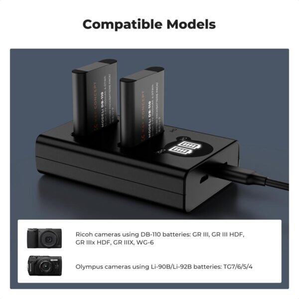 K&F Concept Premium is compatible with the Ricoh cameras GR III, GR III HDF, GR IIIx HDF, GR IIIX, WG-6 with DB-110 batteries as well as with the Olympus cameras TG7/6/5/4 with Li-90B/Li-92B batteries.