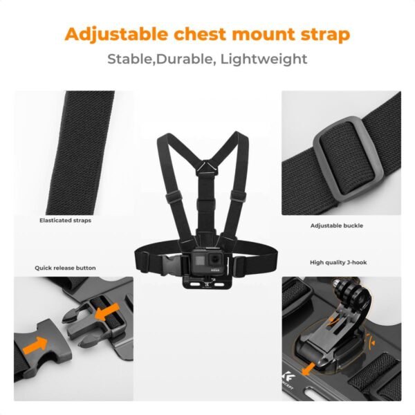 Accessories Set for GoPro Hero 13/12/11/10/9/8/7/6/5/4/ DJI Osmo Action Series / Pocket 3/2 / Insta360 X4/X3, Chest Strap Harness+Backpack Clip+360° Rotating Head Strap Mount and Wrist Strap