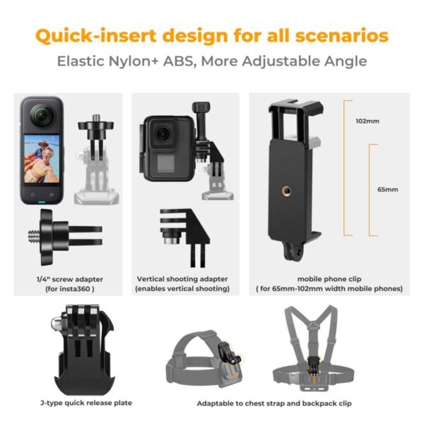 Accessories Set for GoPro Hero 13/12/11/10/9/8/7/6/5/4/ DJI Osmo Action Series / Pocket 3/2 / Insta360 X4/X3, Chest Strap Harness+Backpack Clip+360° Rotating Head Strap Mount and Wrist Strap