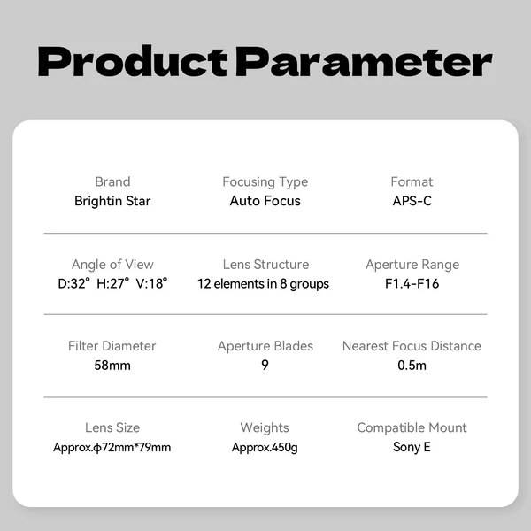 Brightin Star AF50mm F1.4 APS-C Autofocus Lens Large Aperture Portrait Fixed Focus Lens Suitable Fit for Sony E (Black)