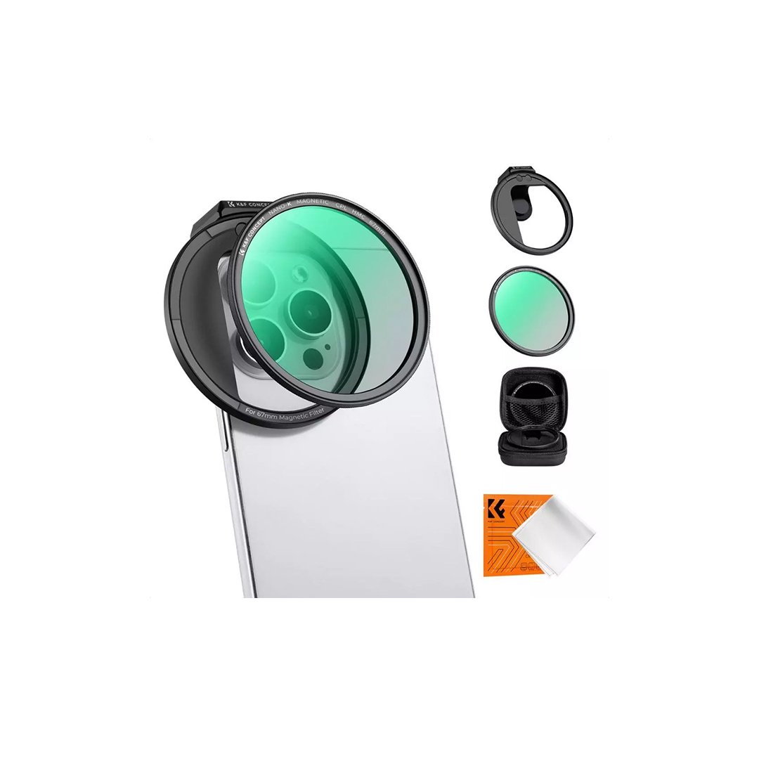 DONE K&F Concept Clip-On Magnetic CPL Filter Kit For iPhone and Samsung S22 S23 Ultra & 67mm Camera lens