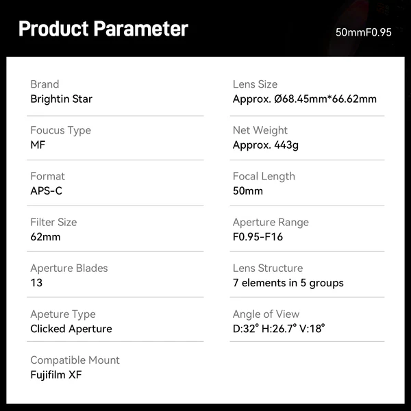 Brightin Star 50mm F0.95 APS-C Manual Focus for Fuji-X (Silver)