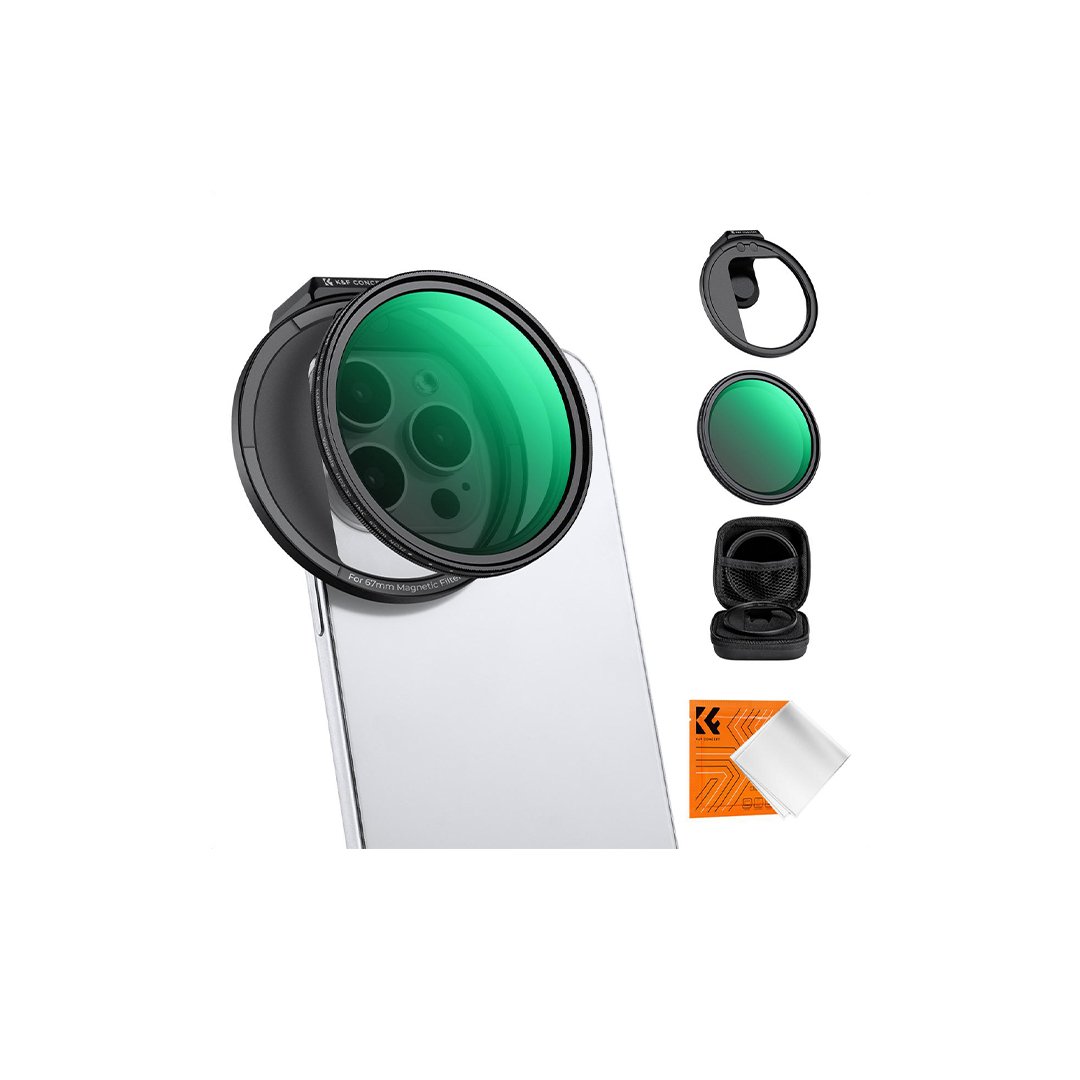 Clip On 67mm Variable ND2-32 Magnetic Phone Lens Filter Kit, Phone Clip with Magnetic Adapter Ring / Cold Shoe / Locking Knob, Compatible models: iPhone 15 series/14 series/13 series/12 series/11 series and other iPhone phones, Galaxy S22 S23 Ultra