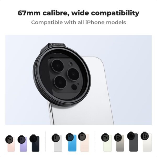 Clip On 67mm Variable ND2-32 Magnetic Phone Lens Filter Kit, Phone Clip with Magnetic Adapter Ring / Cold Shoe / Locking Knob, Compatible models: iPhone 15 series/14 series/13 series/12 series/11 series and other iPhone phones, Galaxy S22 S23 Ultra