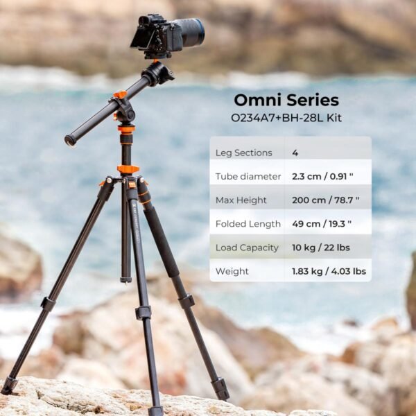 Distributor Lensa dan Aksesoris Fotografi Digital Pratama Retailindo 78"/2m Overhead Aluminum DSLR Tripod Compact Portable Vlog Tripod Monopod 22lbs/10kg Load with Rotatable 360° Center Column K234A7+BH-28L (S210)