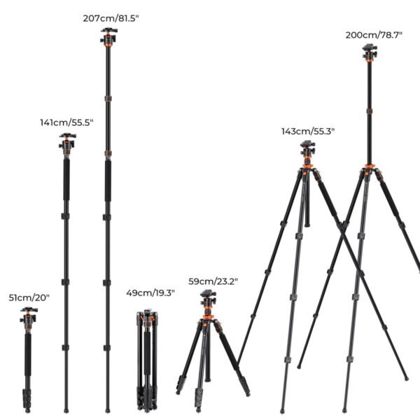 Distributor Lensa dan Aksesoris Fotografi Digital Pratama Retailindo 78"/2m Overhead Aluminum DSLR Tripod Compact Portable Vlog Tripod Monopod 22lbs/10kg Load with Rotatable 360° Center Column K234A7+BH-28L (S210)