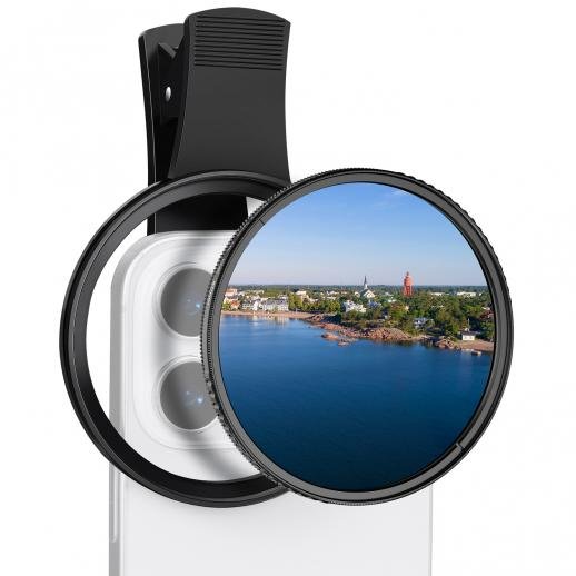 Distributor Lensa dan Aksesoris Fotografi Digital Pratama Retailindo K&F 67mm universal screw-on phone holder, with K series CPL filter, lens coating, and a vacuum cleaning cloth