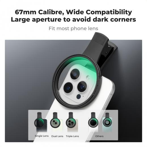 Distributor Lensa dan Aksesoris Fotografi Digital Pratama Retailindo K&F 67mm universal screw-on phone holder, with K series CPL filter, lens coating, and a vacuum cleaning cloth
