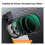 K&F 67mm universal screw-on phone holder, with K series CPL filter, lens coating, and a vacuum cleaning cloth