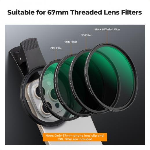 Distributor Lensa dan Aksesoris Fotografi Digital Pratama Retailindo K&F 67mm universal screw-on phone holder, with K series CPL filter, lens coating, and a vacuum cleaning cloth