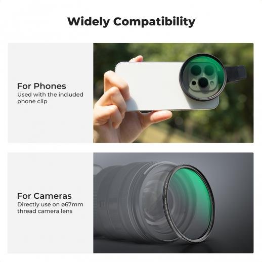 Distributor Lensa dan Aksesoris Fotografi Digital Pratama Retailindo K&F 67mm universal screw-on phone holder, with K series CPL filter, lens coating, and a vacuum cleaning cloth