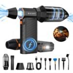K&F Concept Magnetic electric air blower with blowing and suction function, including air blower body, 6 brushes of different shapes, large suction cup, flat brush nozzle, charging cable, and instruction manual