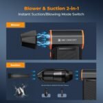 K&F Concept Magnetic electric air blower with blowing and suction function, including air blower body, 6 brushes of different shapes, large suction cup, flat brush nozzle, charging cable, and instruction manual