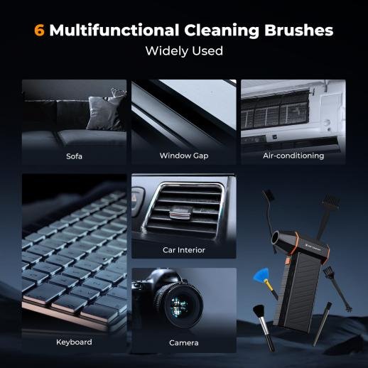 Distributor Lensa dan Aksesoris Fotografi Digital Pratama Retailindo K&F Concept Magnetic electric air blower with blowing and suction function, including air blower body, 6 brushes of different shapes, large suction cup, flat brush nozzle, charging cable, and instruction manual