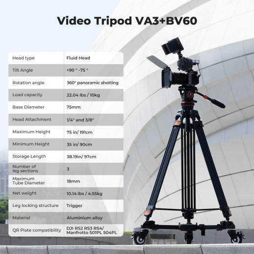 K&F CONCEPT Heavy Duty Tripod 75" Video Tripod Stand with Fluid Head Damping Adjustable - Load up to 22lb