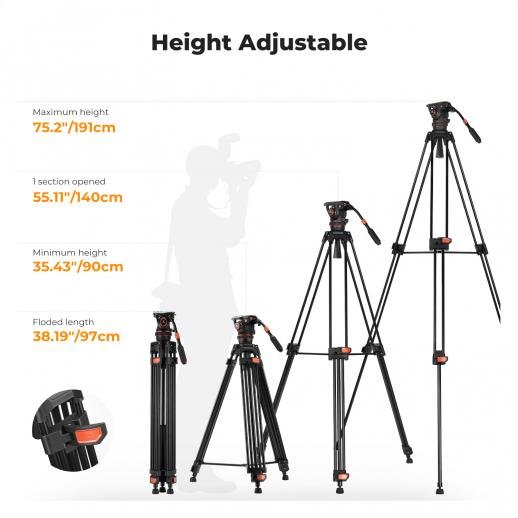 K&F CONCEPT Heavy Duty Tripod 75" Video Tripod Stand with Fluid Head Damping Adjustable - Load up to 22lb